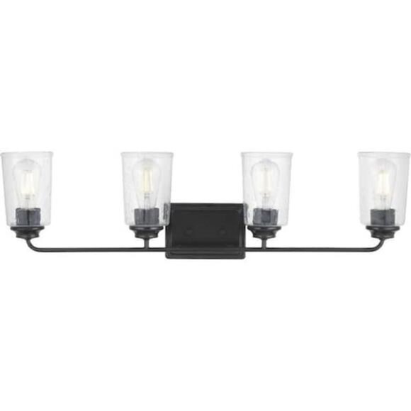 Evangeline 4-Light Matt Black Farmhouse Bathroom Vanity Light Clear Seeded Glass - Picture 2 of 6